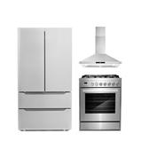 Cosmo 3 Piece Kitchen Appliance Package w/ French Door Refrigerator, 30" Gas Freestanding Range, & Wall Mount Range Hood in Black/Gray | Wayfair