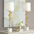 Possini Euro Design Luxe Modern Buffet Table Lamps 34 1/2 Tall Set of 2 Sculptural Gold Ribbon Metal White Drum Shade for Bedroom Living Room Bedside
