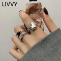 LIVVY-Bague Double JORing en Argent pour Femme Bijoux Fins Rectangle Irrégulier Créatif Noir