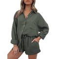 AUTOMET 2-teilige Outfits für Damen, Lounge-Sets, Pyjama-Sets, langärmelig, Knopfleiste, übergroße Hemden und Shorts, Herbst-Trainingsanzug, Army Grün, S