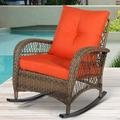 SOCIALCOMFY Outdoor Wicker Rocking Chair Patio Rattan Rocker Chair with Steel Frame Rocking Lawn Chair Patio Furniture Light Brown Wicker & Orange Cushions