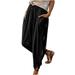 Mrat Full Length Pants Casual High Waisted Pants Ladies High Waist Pants Solid Color Elastic Belt Vintage Stylish Cotton And Linen Double Pockets Waist Wide-Leg Pants Female Golf Pants