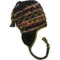 Nepal Hand Knit Sherpa Hat with Ear Flaps, Trapper Ski Heavy Wool Fleeced Lined Cap (Green Rainbow Slub)