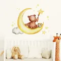 Ours en peluche brun de dessin animé peinture de lune en or étoiles d'or autocollants muraux pour