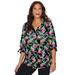 Plus Size Women's Georgette Buttonfront Tie Sleeve Cafe Blouse by Catherines in Black Tropical Floral (Size 1X)