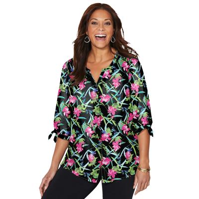 Plus Size Women's Georgette Buttonfront Tie Sleeve Cafe Blouse by Catherines in Black Tropical Floral (Size 5X)