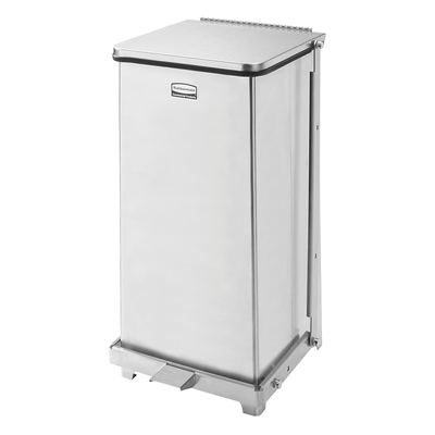 Rubbermaid FGST12SSPL 6 1/2 gal Square Metal Step Trash Can, 12"L x 12"W x 23"H, Stainless, Fire-Safe Steel, Silver