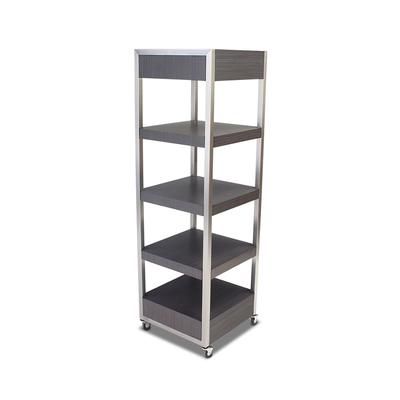 Forbes Industries 6516 Mobile Display Tower w/ 4 Wood Veneer Shelves & Brushed Steel Frame - 24"L x 24"W x 78"H, Gray