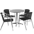 Flash Furniture TLH-ALUM-28RD-020BKCHR4-GG 27 1/2" Round Patio Table & (4) Black Rattan Arm Chair Set - Stainless Top, Aluminum Base