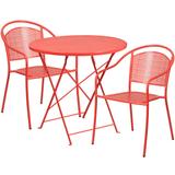 Flash Furniture CO-30RDF-03CHR2-RED-GG 30" Round Folding Patio Table & (2) Round Back Arm Chair Set - Steel, Coral