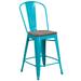 Flash Furniture ET-3534-24-CB-WD-GG Counter Height Commercial Bar Stool w/ Curved Back & Wood Seat, Crystal Teal Blue