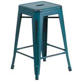 Flash Furniture ET-BT3503-24-KB-GG Industrial Counter Height Backless Commercial Bar Stool w/ Metal Seat, Distressed Kelly Blue, Teal