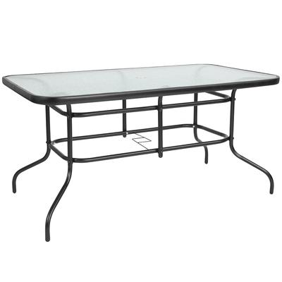 Flash Furniture TLH-089-GG Rectangular Patio Table w/ Glass Top & Umbrella Hole - Metal Base, Black, 31.5