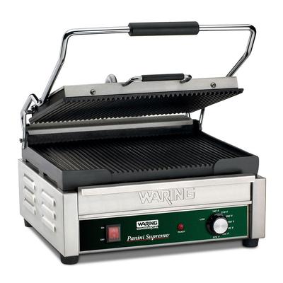 Waring WPG250B Single Commercial Panini Press w/ Cast Iron Grooved Plates, 208v/1ph, Ribbed Plates, Stainless Steel