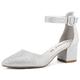 Greatonu Women Office Work Party Bridal Closed Pointed Toe Mid Block Heels Ankle Strap Buckle Silver Glitter Mary Jane Court Shoes Size 4 UK