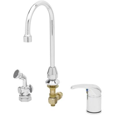 T&S B-2749 Side Mount Faucet with Remote On/Off Control Base, 5 3/4" Swivel Gooseneck, Sidespray with Vacuum Breakers, and Flexible Stainless Steel Water Connectors ADA Compliant