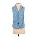 Who What Wear Sleeveless Button Down Shirt: V Neck Covered Shoulder Blue Print Tops - Women's Size Small