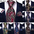 Hi-Tie – cravate Paisley en soie pour hommes boutons de manchette Hanky bordeaux marron noir