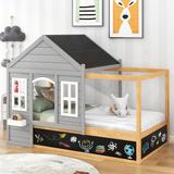 Twin Size House Canopy Bed, Pine Wood Bedframe with Blackboard, Little Shelf, Roof & Window for Kids, Tenns, Playhouse Design