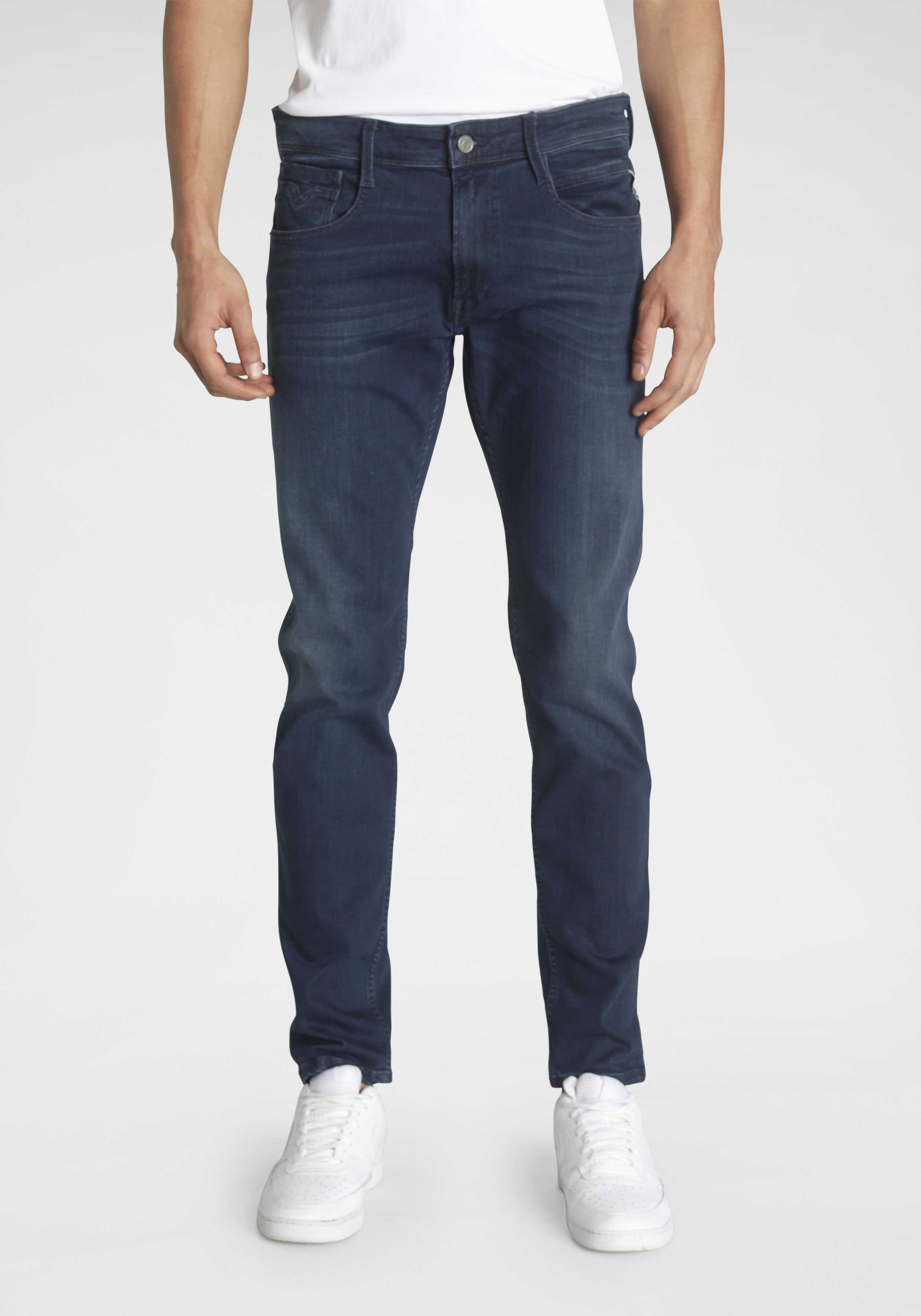 Slim-fit-Jeans REPLAY "Anbass Superstretch", Damen, Gr. 34, Länge 30, blau (schwarz, blau, wash), Denim/Jeans, Obermaterial: 90% Baumwolle, 8% Polyester, 2% Elasthan, slim fit lang, Jeans Slim-fit-Jeans, elastisch, Topseller