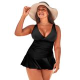 Plus Size Women's Plunge Ruffle Swimdress by Swimsuits For All in Black (Size 8)