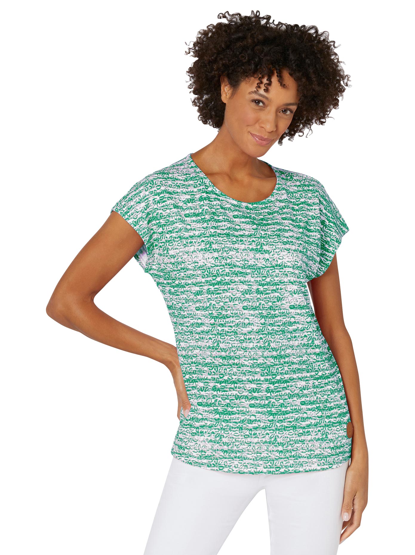 Kurzarmshirt CASUAL LOOKS "Shirt", Damen, Gr. 42, grün (grün, ecru, geringelt), 50% Baumwolle, 50% Modal, gemustert, mehrfarbig, Rundhals, Shirts