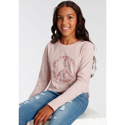 Langarmshirt KIDSWORLD "Peace", Mädchen, Gr. 128/134, rosa, Jersey, Obermaterial: 100% Baumwolle, bedruckt, modisch, Basic, Rundhals, Langarm abgesteppte Kante, Shirts, Langarm, Basic-Passform, mit Statements/Sprüchen Image