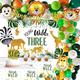 FVABO Young Wild And Three Decorations - Jungle Safari Theme 3rd Birthday Decorations for Boy Girl Include Backdrop, Balloons Arch, Banner, Tablecloth, Cake Topper, Young Wild And Three Party Supplies