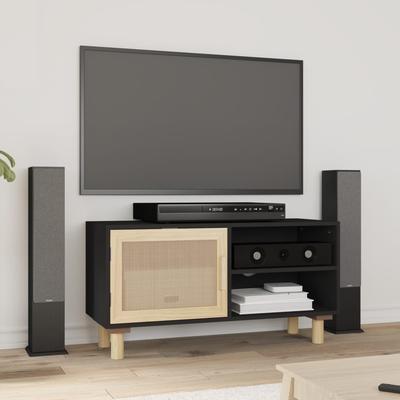 vidaXL TV Cabinet Black 80x30x40 cm Solid Wood Pine and Natural Rattan