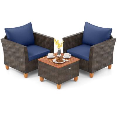 Costway 3 Pieces Patio Rattan Bistro Furniture Set with Wooden Table Top-Navy