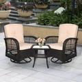 MEETWARM 3 Pieces Outdoor Wicker Swivel Rocker Patio Set Rocking Chairs Rattan Patio Furniture Sets with Thickened Cushion and Glass-Top Coffee Table Conversation Bistro Set for Porch (Dark Brown)