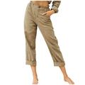 Dadaria Wide Leg Linen Pants for Women Petite Length Solid Color with Pockets Buttons Elastic Waist Comfortable Straight Pants Khaki L Female