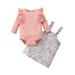 JDEFEG Teen Outfits Children Girls Winter Long Sleeve Ribbed Tops Flower Suspender Dress Set 2Pcs Outfits Clothes Set for Kids Top Kid Cotton Blend Blue 90