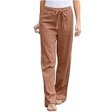 Dadaria High Waisted Wide Leg Pants for Women Petite Solid Color Linen Sashes Straight Long Pants Trousers Khaki XL Female