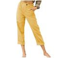 Dadaria Wide Leg Linen Pants for Women Petite Length Solid Color with Pockets Buttons Elastic Waist Comfortable Straight Pants Yellow XL Female