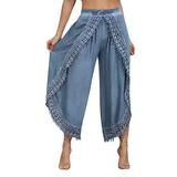 Dadaria High Waisted Wide Leg Pants for Women Tall Solid Lace Elastic Waist Workout Sports Wide Lag Pants Blue XXL Female