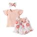 JDEFEG Girl Outfits Size 6X Toddler Kids Girl Clothes Soild Ribbed Ruffle Sleeve Top Floral Prints Bowknot Pants Shorts Headband 3Pcs Outfit Set Christmas Outfits Toddler Girls Cotton Blends Pink 70