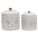 2/Set Aztec White Metal Canisters - 9.75" high x 8" diameter (large)