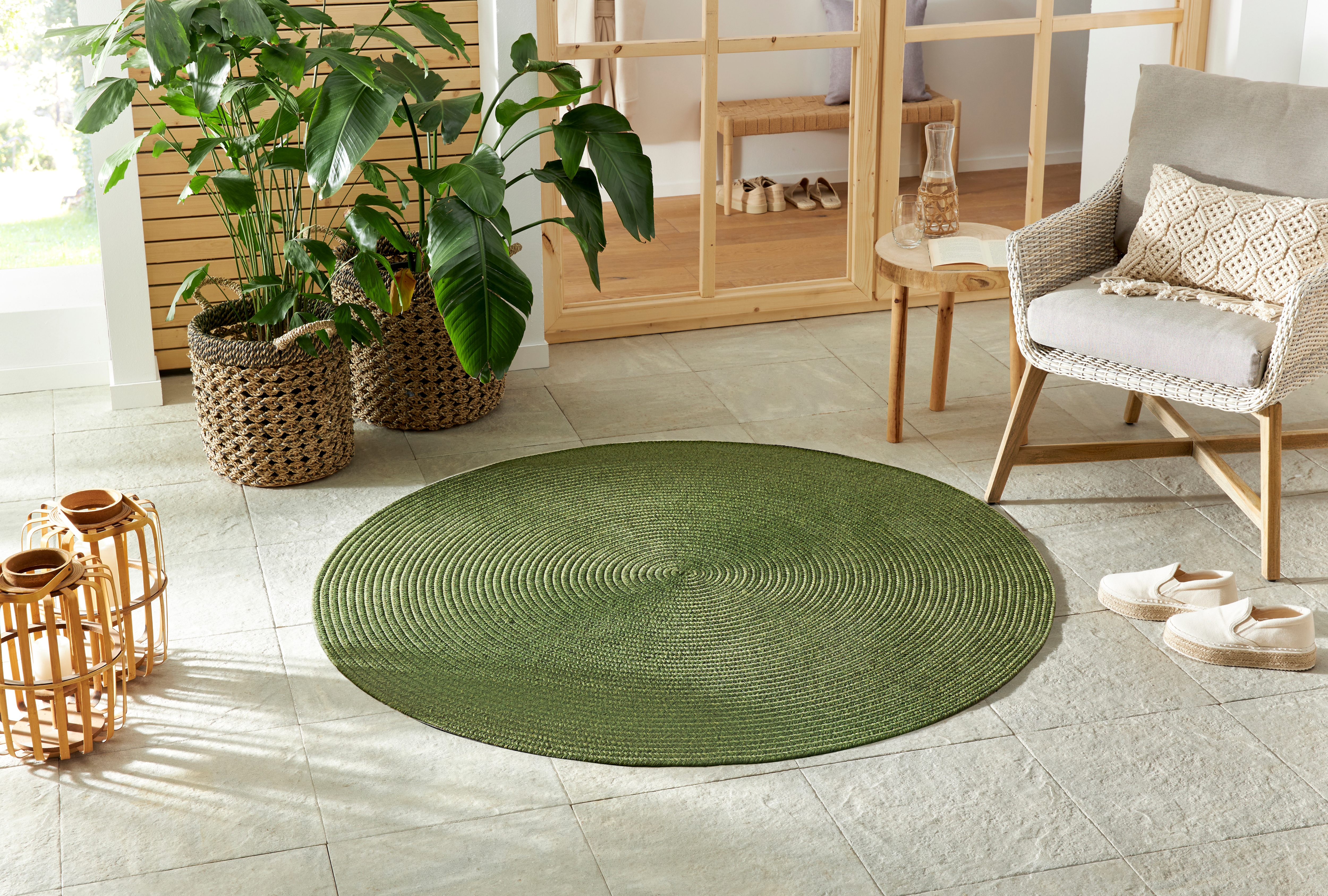 Teppich HANSE HOME "Trenzado", grün, H:10mm Ø:150cm, Polypropylen, Teppiche, In- & Outdoor, Handmade-Look, Gewebt, Wetterfest, Balkon, Wohnzimmer Image