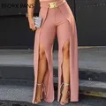 Pantalon fendu long pour femme avec ceinture pantalon décontracté monochromatique sexy mode