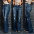 Jean Déchiré Taille Haute pour Femme Pantalon Long en Denim Slim à la Mode Décontracté Qualité