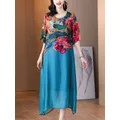 Robe mi-longue en rayonne florale légère pour femmes mode coréenne élégante taille adt vintage