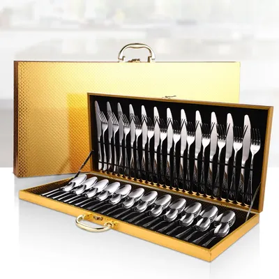 Coffret en bois doré de 48 pièces couteau fourchette et cuillère légers de luxe en acier
