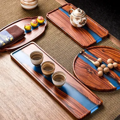 Plateau à thé en bois en résine époxy de haute qualité table à thé rétro petit plateau à bulles