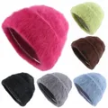 Bonnet chaud en fourrure de lapin pour femme et homme Bonnet tricoté couleurs unies à la mode