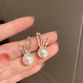 Boucle d'oreille lapin en cristal perle blanche coréenne pour femme bijoux d'oreille en biscuits