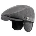 Bérets épais en cuir et laine pour homme casquette plate avec rabat d'oreille ajustable noir