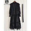 AELESEEN-Robe en dentelle brodée de fleurs noires et blanches pour femmes manches lanterne volants