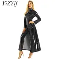 Manteau long noir en cuir PVC pour femmes vêtements de mode coréens Wetlook sexy Wlwear pour fête