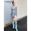 CHEERART – pull en tricot à manches longues pour femmes bleu clair transparent col ras du cou